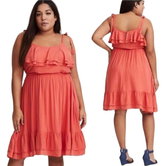 TORRID PlusโSize Coral SleevelessChallis Ruffle Tie Tassle Midi Dress Size 2X - Picture 1 of 16